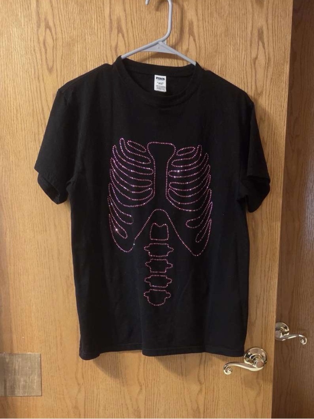 PINK Victoria's Secret Black Tee with Pink Rhinestone Ribcage Graphic